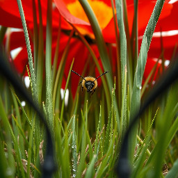Extreme ground-level macro photography, 1st person POV. The camera is positioned at 2 inches height. Looking forward through two long, thin, black out-of-focus insect antennae that emerge from the bottom corners of the frame. In front of the camera, massive blades of grass tower like green skyscrapers. Huge, oversized red flower petals fill the upper background. Cinematic lighting, morning dew, 8k, photorealistic, sharp focus on the grass, extreme wide-angle lens. (NO BEE VISIBLE, ONLY ANTENNAE)
