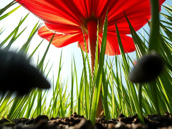 Subject-less 1st person POV, shot from 1 inch above the soil. Extreme low-angle macro photography. Two fuzzy, black, elongated silhouettes are partially obstructing the bottom corners of the lens, pointing forward into the scene, heavily out-of-focus. In the immediate foreground, gigantic green grass blades tower like colossal pillars. Huge red translucent flower petals dominate the upper frame, glowing in the sunlight. Cinematic backlight, morning mist particles, 8k, hyper-detailed textures, ultra-wide 12mm lens look. Total absence of any visible animal or insect head. Just the world from a tiny perspective.