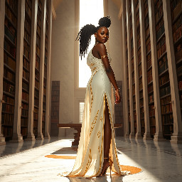 Ultra-detailed full body cinematic masterpiece, 8K, hyper-realistic shot low-angle below eye level at her waist looking up she's in the centre directly facing the camera lit by very faint sunlight. a graceful regal cute athletic voluptuous 20 year old East African Nubian/Habesha mixed princess standing in a vast white marble modern grand hall/library. She has thick elegant upswept bun long vellus dreadlocks loose locks framing her face with gold trinkets & radiant sweaty tanned dark cacao ebony skin. She has large bright regal hazel eyes framed with dark smoky eyeliner and pale shimmering gold eyeshadow & dark plum lipstick on her upper lip with a lighter plum tone on the lower lip. She wears a fitted very thin white chiffon silk halter bodice with a very deep plunging neckline & back and aa ankle-length flowing ribbon train made of two ribbon panels with dual wide symmetrical torso length splits along each leg, the dress has fine intricate angular shimmering gold symmetrical geometric pattern. Her jewelry is an elaborate black lace choker, gold circlet, earrings, chains, bracelets, armbands & anklets and elegant ivory & gold high stiletto shoes & glasses. She stands & leans back on a large ornate dark oak table eyes fixed on the camera. She has gold linear geometric patterns painted on her arms & shoulders. there's a puddle of water on the floor from her dripping wet dress. The setting is a grand sunlit white marble hall with tall soaring ceilings & grand white marble walls with towering dark wood shelves of books, a floor to ceiling rectangular-glass tinted window behind her with a polished patterned marble floor, casting warm amber diffused light and soft rim lighting around her silhouette. light rays cascade from the continuous glass windows near the ceiling refracting off the mild volumetric fog & dust in the room. The mood is bright, powerful & cinematic.  Palette of gold, white, ivory and amber.  Style: hyper-realistic & candid with afternoon sunlight in the grand space, diffused incandescent amber light, high detail, textures, no harsh direct bright light on the subject just warm refracted tones