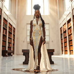 Ultra-detailed full body cinematic masterpiece, 8K, hyper-realistic shot low-angle below eye level at her waist looking up she's in the centre directly facing the camera lit by very faint sunlight. a graceful regal cute athletic voluptuous 20 year old East African Nubian/Habesha mixed princess standing in a vast white marble modern grand hall/library. She has thick elegant upswept bun long vellus dreadlocks loose locks framing her face with gold trinkets & radiant sweaty tanned dark cacao ebony skin. She has large bright regal hazel eyes framed with dark smoky eyeliner and pale shimmering gold eyeshadow & dark plum lipstick on her upper lip with a lighter plum tone on the lower lip. She wears a fitted very thin white chiffon silk halter bodice with a very deep plunging neckline & back and aa ankle-length flowing ribbon train made of two ribbon panels with dual wide symmetrical torso length splits along each leg, the dress has fine intricate angular shimmering gold symmetrical geometric pattern. Her jewelry is an elaborate black lace choker, gold circlet, earrings, chains, bracelets, armbands & anklets and elegant ivory & gold high stiletto shoes & glasses. She stands & leans back on a large ornate dark oak table eyes fixed on the camera. She has gold linear geometric patterns painted on her arms & shoulders. there's a puddle of water on the floor from her dripping wet dress. The setting is a grand sunlit white marble hall with tall soaring ceilings & grand white marble walls with towering dark wood shelves of books, a floor to ceiling rectangular-glass tinted window behind her with a polished patterned marble floor, casting warm amber diffused light and soft rim lighting around her silhouette. light rays cascade from the continuous glass windows near the ceiling refracting off the mild volumetric fog & dust in the room. The mood is bright, powerful & cinematic.  Palette of gold, white, ivory and amber.  Style: hyper-realistic & candid with afternoon sunlight in the grand space, diffused incandescent amber light, high detail, textures, no harsh direct bright light on the subject just warm refracted tones