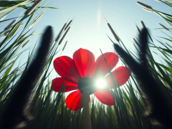 Subject-less 1st person POV, extreme close-up macro. The camera is placed 1 inch above ground. Two separate, fuzzy black vertical obstructions are positioned strictly in the far left and far right bottom corners, pointing toward the center background but never touching each other. They appear as blurry out-of-focus insect antennae. The central view is clear, showing a massive red flower looming ahead. Gigantic blades of grass flank the sides like trees. Cinematic sun flares hitting the lens, morning atmosphere, 8k resolution, ultra-wide angle, hyper-realistic. No animal head, no eyes, no mouth visible.