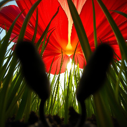 Subject-less 1st person POV, shot from 1 inch above the soil. Extreme low-angle macro photography. Two fuzzy, black, elongated silhouettes are partially obstructing the bottom corners of the lens, pointing forward into the scene, heavily out-of-focus. In the immediate foreground, gigantic green grass blades tower like colossal pillars. Huge red translucent flower petals dominate the upper frame, glowing in the sunlight. Cinematic backlight, morning mist particles, 8k, hyper-detailed textures, ultra-wide 12mm lens look. Total absence of any visible animal or insect head. Just the world from a tiny perspective.