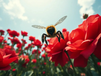 POV shot from 1 meter height, extreme wide-angle. Looking through the eyes of a bee flying over a giant flower meadow. In the bottom corners, fuzzy bee legs and black antennae are visible. Massive red roses look like skyscrapers. Cinematic macro photography, 8k resolution, highly detailed textures.