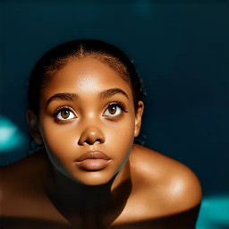 Ultra-detailed full body cinematic masterpiece, 8K, hyper-realistic shot low-angle below eye level at her waist looking up she's in the centre directly facing the camera lit by very faint sunlight. a graceful regal cute athletic voluptuous 20 year old East African Nubian/Habesha mixed princess standing in a vast white marble modern grand hall/library. She has thick elegant upswept bun long vellus dreadlocks loose locks framing her face with gold trinkets & radiant sweaty tanned dark cacao ebony skin. She has large bright regal hazel eyes framed with dark smoky eyeliner and pale shimmering gold eyeshadow & dark plum lipstick on her upper lip with a lighter plum tone on the lower lip. She wears a fitted very thin white chiffon silk halter bodice with a very deep plunging neckline & back and aa ankle-length flowing ribbon train made of two ribbon panels with dual wide symmetrical torso length splits along each leg, the dress has fine intricate angular shimmering gold symmetrical geometric pattern. Her jewelry is an elaborate black lace choker, gold circlet, earrings, chains, bracelets, armbands & anklets and elegant ivory & gold high stiletto shoes & glasses. She stands & leans back on a large ornate dark oak table eyes fixed on the camera. She has gold linear geometric patterns painted on her arms & shoulders. there's a puddle of water on the floor from her dripping wet dress. The setting is a grand sunlit white marble hall with tall soaring ceilings & grand white marble walls with towering dark wood shelves of books, a floor to ceiling rectangular-glass tinted window behind her with a polished patterned marble floor, casting warm amber diffused light and soft rim lighting around her silhouette. light rays cascade from the continuous glass windows near the ceiling refracting off the mild volumetric fog & dust in the room. The mood is bright, powerful & cinematic.  Palette of gold, white, ivory and amber.  Style: hyper-realistic & candid with afternoon sunlight in the grand space, diffused incandescent amber light, high detail, textures, no harsh direct bright light on the subject just warm refracted tones