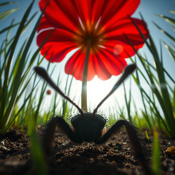 First-person POV from a tiny insect's perspective, 1-inch altitude. The center of the frame is completely clear and wide open. In the far left corner and far right corner of the foreground, two independent, unconnected, blurry black fuzzy shapes are peeking into the frame. These shapes look like out-of-focus, dark, hairy antennae pointing forward. There is no connection between the left and right shapes; the bottom center of the frame is empty soil and grass. Ahead, a massive red flower towers into the bright sky. Gigantic blades of grass stand like pillars on the sides. Extreme wide-angle lens, cinematic lens flares, morning dew, 8k, hyper-realistic macro photography. No animal faces, no bodies, no curved wire-like structures, just separate organic silhouettes.