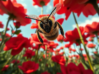 POV shot from 1 meter height, extreme wide-angle. Looking through the eyes of a bee flying over a giant flower meadow. In the bottom corners, fuzzy bee legs and black antennae are visible. Massive red roses look like skyscrapers. Cinematic macro photography, 8k resolution, highly detailed textures.
