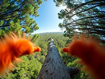 First-person POV from a squirrel's perspective, 30 meters high on a pine tree tip. The center of the frame is completely clear and wide open. In the far left and far right bottom corners, two unconnected blurry reddish-brown furry shapes peek into the frame, representing whiskers and paws pointing forward. There is no connection between the left and right shapes; the bottom center of the frame shows the rough bark of a thin branch. Ahead, a massive sea of green forest canopy stretches to the horizon under a bright blue sky. Small pine needles and cones are visible in extreme close-up at the edges. Extreme wide-angle lens, slight fisheye effect, cinematic sunlight, 8k, hyper-realistic photography. No animal faces or heads visible.