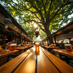 Subject-less first-person POV, flying at 2 meters height through a traditional Munich beer garden. The center of the frame is completely clear and open. In the far left and far right bottom corners, two separate, very thin, blurry black vertical silhouettes peek into the lens, pointing forward. No connection between these shapes at the bottom. Ahead, looking down at giant wooden beer garden tables with massive glass beer mugs filled with amber beer. Huge chestnut trees tower above. Sunlight filtering through leaves (komorebi). Extreme wide-angle lens, cinematic summer atmosphere, 8k, photorealistic, motion blur. Absolutely no insect head, no eyes, and no body parts visible. Just the world from a tiny perspective.