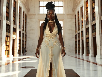 Ultra-detailed full body cinematic masterpiece, 8K, hyper-realistic shot low-angle below eye level at her waist looking up she's in the centre directly facing the camera lit by very faint sunlight. a graceful regal cute athletic voluptuous 20 year old East African Nubian/Habesha mixed princess standing in a vast white marble modern grand hall/library. She has thick elegant upswept bun long vellus dreadlocks loose locks framing her face with gold trinkets & radiant sweaty tanned dark cacao ebony skin. She has large bright regal hazel eyes framed with dark smoky eyeliner and pale shimmering gold eyeshadow & dark plum lipstick on her upper lip with a lighter plum tone on the lower lip. She wears a fitted very thin white chiffon silk halter bodice with a very deep plunging neckline & back and aa ankle-length flowing ribbon train made of two ribbon panels with dual wide symmetrical torso length splits along each leg, the dress has fine intricate angular shimmering gold symmetrical geometric pattern. Her jewelry is an elaborate black lace choker, gold circlet, earrings, chains, bracelets, armbands & anklets and elegant ivory & gold high stiletto shoes & glasses. She stands & leans back on a large ornate dark oak table eyes fixed on the camera. She has gold linear geometric patterns painted on her arms & shoulders. there's a puddle of water on the floor from her dripping wet dress. The setting is a grand sunlit white marble hall with tall soaring ceilings & grand white marble walls with towering dark wood shelves of books, a floor to ceiling rectangular-glass tinted window behind her with a polished patterned marble floor, casting warm amber diffused light and soft rim lighting around her silhouette. light rays cascade from the continuous glass windows near the ceiling refracting off the mild volumetric fog & dust in the room. The mood is bright, powerful & cinematic.  Palette of gold, white, ivory and amber.  Style: hyper-realistic & candid with afternoon sunlight in the grand space, diffused incandescent amber light, high detail, textures, no harsh direct bright light on the subject just warm refracted tones