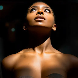 Ultra-detailed full body cinematic masterpiece, 8K, hyper-realistic shot low-angle below eye level at her waist looking up she's in the centre directly facing the camera lit by very faint sunlight. a graceful regal cute athletic voluptuous 20 year old East African Nubian/Habesha mixed princess standing in a vast white marble modern grand hall/library. She has thick elegant upswept bun long vellus dreadlocks loose locks framing her face with gold trinkets & radiant sweaty tanned dark cacao ebony skin. She has large bright regal hazel eyes framed with dark smoky eyeliner and pale shimmering gold eyeshadow & dark plum lipstick on her upper lip with a lighter plum tone on the lower lip. She wears a fitted very thin white chiffon silk halter bodice with a very deep plunging neckline & back and aa ankle-length flowing ribbon train made of two ribbon panels with dual wide symmetrical torso length splits along each leg, the dress has fine intricate angular shimmering gold symmetrical geometric pattern. Her jewelry is an elaborate black lace choker, gold circlet, earrings, chains, bracelets, armbands & anklets and elegant ivory & gold high stiletto shoes & glasses. She stands & leans back on a large ornate dark oak table eyes fixed on the camera. She has gold linear geometric patterns painted on her arms & shoulders. there's a puddle of water on the floor from her dripping wet dress. The setting is a grand sunlit white marble hall with tall soaring ceilings & grand white marble walls with towering dark wood shelves of books, a floor to ceiling rectangular-glass tinted window behind her with a polished patterned marble floor, casting warm amber diffused light and soft rim lighting around her silhouette. light rays cascade from the continuous glass windows near the ceiling refracting off the mild volumetric fog & dust in the room. The mood is bright, powerful & cinematic.  Palette of gold, white, ivory and amber.  Style: hyper-realistic & candid with afternoon sunlight in the grand space, diffused incandescent amber light, high detail, textures, no harsh direct bright light on the subject just warm refracted tones