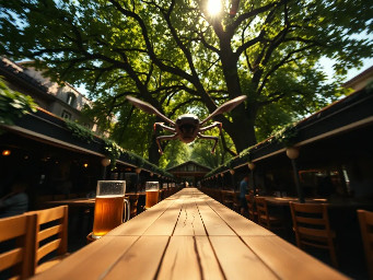 Subject-less first-person POV, flying at 2 meters height through a traditional Munich beer garden. The center of the frame is completely clear and open. In the far left and far right bottom corners, two separate, very thin, blurry black vertical silhouettes peek into the lens, pointing forward. No connection between these shapes at the bottom. Ahead, looking down at giant wooden beer garden tables with massive glass beer mugs filled with amber beer. Huge chestnut trees tower above. Sunlight filtering through leaves (komorebi). Extreme wide-angle lens, cinematic summer atmosphere, 8k, photorealistic, motion blur. Absolutely no insect head, no eyes, and no body parts visible. Just the world from a tiny perspective.