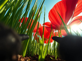 Subject-less 1st person POV, shot from 1 inch above the soil. Extreme low-angle macro photography. Two fuzzy, black, elongated silhouettes are partially obstructing the bottom corners of the lens, pointing forward into the scene, heavily out-of-focus. In the immediate foreground, gigantic green grass blades tower like colossal pillars. Huge red translucent flower petals dominate the upper frame, glowing in the sunlight. Cinematic backlight, morning mist particles, 8k, hyper-detailed textures, ultra-wide 12mm lens look. Total absence of any visible animal or insect head. Just the world from a tiny perspective.