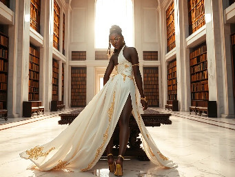 Ultra-detailed full body cinematic masterpiece, 8K, hyper-realistic shot low-angle below eye level at her waist looking up she's in the centre directly facing the camera lit by very faint sunlight. a graceful regal cute athletic voluptuous 20 year old East African Nubian/Habesha mixed princess standing in a vast white marble modern grand hall/library. She has thick elegant upswept bun long vellus dreadlocks loose locks framing her face with gold trinkets & radiant sweaty tanned dark cacao ebony skin. She has large bright regal hazel eyes framed with dark smoky eyeliner and pale shimmering gold eyeshadow & dark plum lipstick on her upper lip with a lighter plum tone on the lower lip. She wears a fitted very thin white chiffon silk halter bodice with a very deep plunging neckline & back and aa ankle-length flowing ribbon train made of two ribbon panels with dual wide symmetrical torso length splits along each leg, the dress has fine intricate angular shimmering gold symmetrical geometric pattern. Her jewelry is an elaborate black lace choker, gold circlet, earrings, chains, bracelets, armbands & anklets and elegant ivory & gold high stiletto shoes & glasses. She stands & leans back on a large ornate dark oak table eyes fixed on the camera. She has gold linear geometric patterns painted on her arms & shoulders. there's a puddle of water on the floor from her dripping wet dress. The setting is a grand sunlit white marble hall with tall soaring ceilings & grand white marble walls with towering dark wood shelves of books, a floor to ceiling rectangular-glass tinted window behind her with a polished patterned marble floor, casting warm amber diffused light and soft rim lighting around her silhouette. light rays cascade from the continuous glass windows near the ceiling refracting off the mild volumetric fog & dust in the room. The mood is bright, powerful & cinematic.  Palette of gold, white, ivory and amber.  Style: hyper-realistic & candid with afternoon sunlight in the grand space, diffused incandescent amber light, high detail, textures, no harsh direct bright light on the subject just warm refracted tones