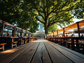 Ground-level, extreme wide-angle 12mm shot inside a Munich beer garden. The camera is floating at 2 meters height, but everything is scaled up to appear monolithic. Giant wooden planks of a table stretch out like a vast landing strip. In the distance, a massive glass Maßkrug towers like a glass skyscraper. Huge chestnut leaves above form a dense, colossal canopy. The center of the frame is completely empty and clear, looking down a long row of tables. Cinematic summer sunlight. 8k resolution, hyper-realistic, architectural macro style. Negative: No insects, no animals, no people, no faces, no organic creatures, no flying objects.